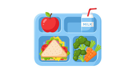 Healthy School Lunch Tray: Sandwich, Apple, Broccoli, Carrots, Milk © Apel