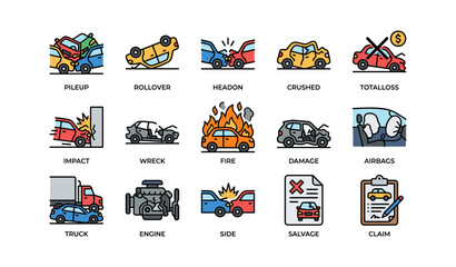Fototapeta premium Car accident icons: pileup, rollover, head-on, crushed, fire, salvage, claim, engine, airbags, damage