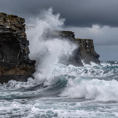 Obraz premium Surreal Ocean Cliff. Stylized Illustration Of Dramatic Ocean Seascape With Large Waves Against Moody Sky