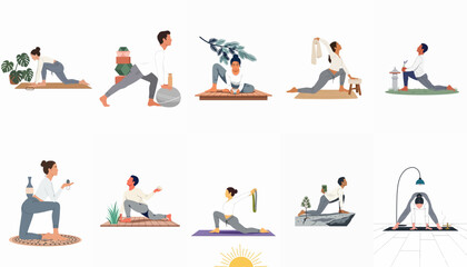 Fototapeta premium Diverse collection of flat illustrations showing men and women performing various yoga poses and stretches in indoor and outdoor settings for wellness.