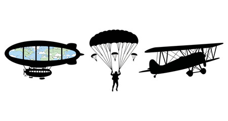 Silhouettes of blimp with map skydiver and biplane during vintage aviation era Isolated on white background © Eddy E Lapola