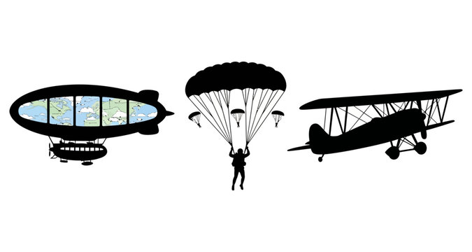 Silhouettes of blimp with map skydiver and biplane during vintage aviation era Isolated on white background