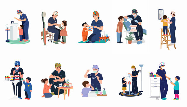 Flat vector illustration set of a pediatric dentist teaching children about dental hygiene, tooth brushing, flossing, and oral care in a clinic.