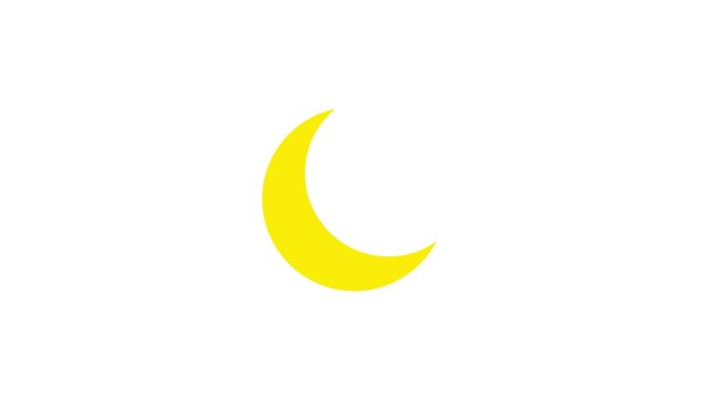 Minimalist animation of a yellow sun morphing into a crescent moon on a white background. Represents day and night cycle.