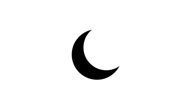Black silhouette icon animation of a sun changing into a crescent moon on white background. Clean flat design transition.