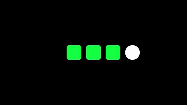 Green square blocks and white circle loading animation on black background. System status progress bar.