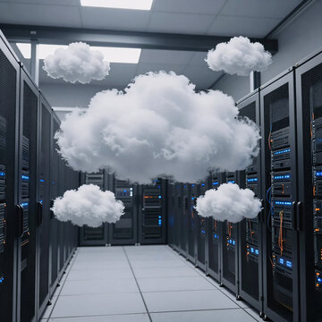Minimalist Server Virtual. A Cloud Symbolizes Modern Cloud Computing Technology In A Server Room