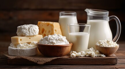 Fototapeta premium Assorted dairy products including cheese and milk in glass containers on wooden surface