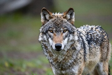 Fototapeta premium Close up shows the piercing gaze of a gray wolf in its natural habitat