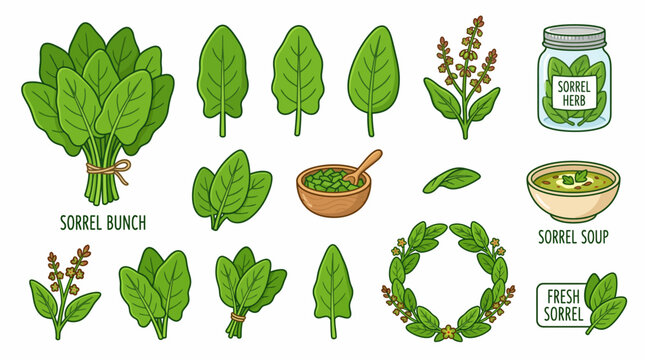 Sorrel herb vector set featuring fresh leaf bunches, flowering stems, soup, chopped greens, and decorative wreath in cartoon style isolated on white