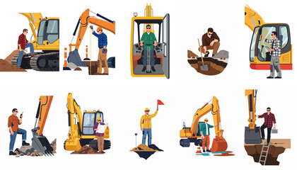 Collection of Construction Worker Vector Illustrations Operating Heavy Excavator Machinery and Performing Site Inspection Tasks for Building and Infrastructure Projects © Loro