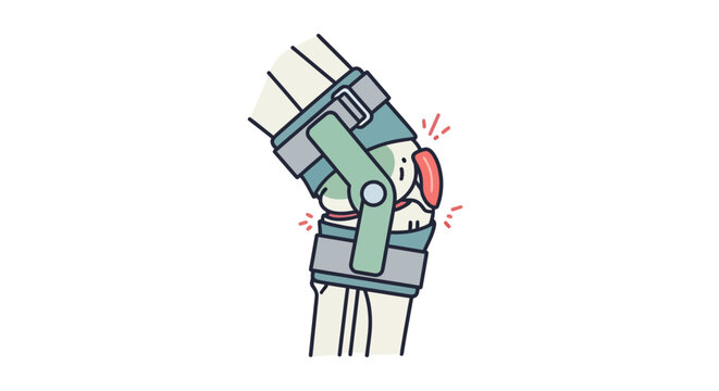 Detailed medical line art diagram of a human knee joint with brace, showcasing bone anatomy and joint pain sensation with vibrant red accents, clean vector style on white.