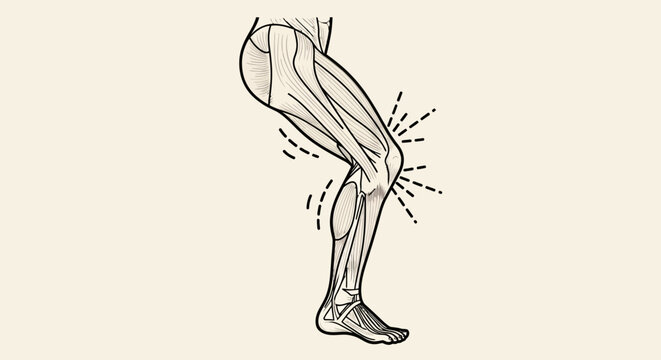 Detailed anatomical drawing of a human leg with visible muscles and bones, emphasizing knee joint pain or injury with radiating distress lines, side profile, vintage sketch aesthetic.