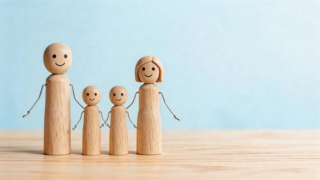 Wooden peg dolls representing a happy family with parents and two children standing together on a wooden table against a blue background symbolizing family unity love and