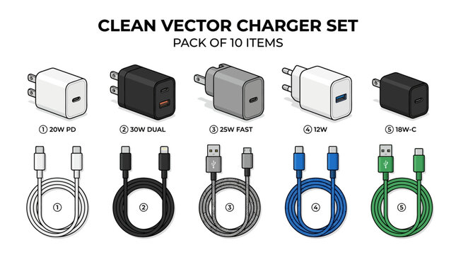 Vector set of various mobile phone chargers and USB power cables isolated on white