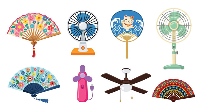 Collection of various hand fans and electric cooling fans isolated on white background