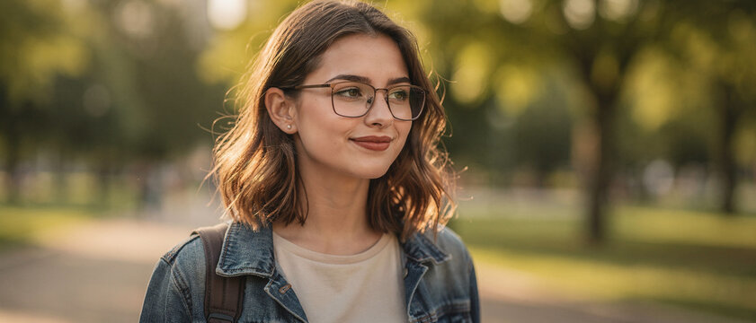A young woman wearing glasses and a denim jacket is walking down the street with trees in the background during daylight hours.