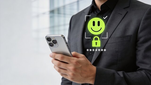 Businessman using smartphone with biometric face ID authentication digital security lock icon privacy protection secure login mobile banking fintech cyber safety encrypted data