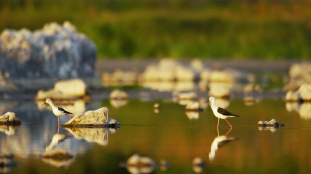 Two Black winged stilt (Himantopus himantopus) in Magdalena Islands, Chile. 