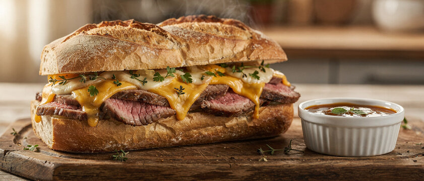 Delicious sandwich with melted cheese and grilled meat. Steam rises from freshly baked bread. Cheese oozes over tender sliced meat. Served with dipping sauce on rustic wooden board
