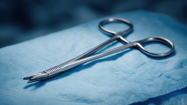 Close-up of silver metal hemostatic forceps with a ratcheted lock resting on a blue surgical cloth