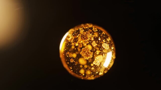 Close-Up Macro Shot of Golden Bubbles With Particles Floating in Liquid