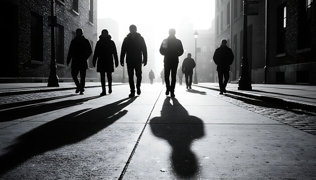 Silhouetted People Walking on Street in City at Dawn