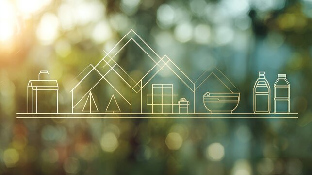 A linear, gold-tone illustration of various camping and food items