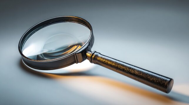 A magnifying glass, angled, resting on a light gray surface