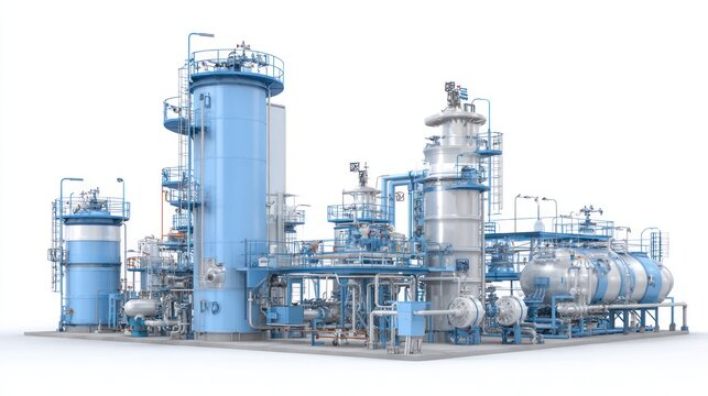 A 3D rendering of an industrial chemical plant, showcasing a complex network of interconnected cylindrical tanks, pipes, and equipment, all painted in a light blue hue against a stark white background