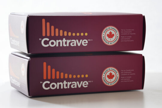 Calgary, Alberta, Canada. April 14, 2026. Two stacked purple boxes of Contrave antiobesity medication featuring the Made in Canada logo.