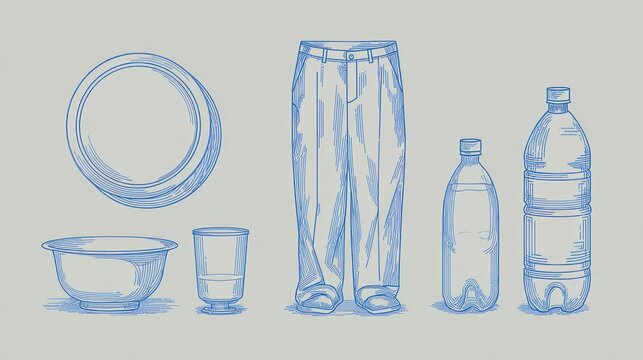 Line drawing shows plastic items bowls, cups, pants, plastic bottles against gray