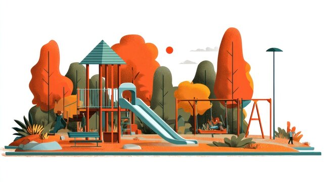 Colorful illustration of an empty playground with slides, swings, trees, and park features