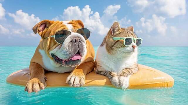 An English bulldog and a tabby cat wearing sunglasses enjoy a sunny day floating on the sea.