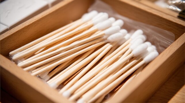Individually Sealed Sterile Cotton Swabs with Bamboo Sticks in Wooden Container
