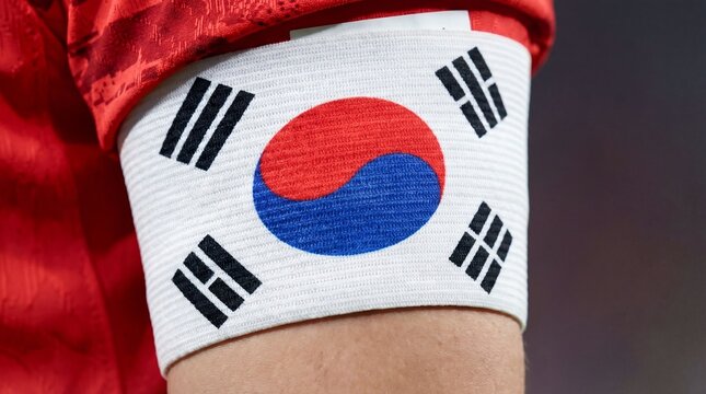 Close up of a red soccer jersey sleeve with a South Korean flag armband