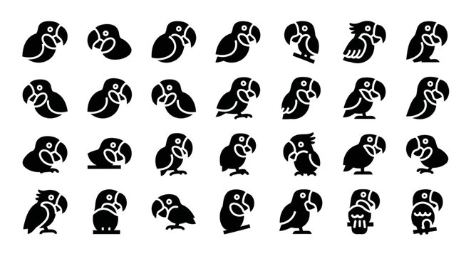 Parrot icons, black parrot silhouettes, 25 parrot vector graphics, bird illustrations, animal icons