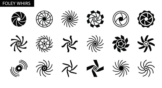 Foley whirl icons, 20 black graphic elements, spinning shapes, decorative swirls, vector set