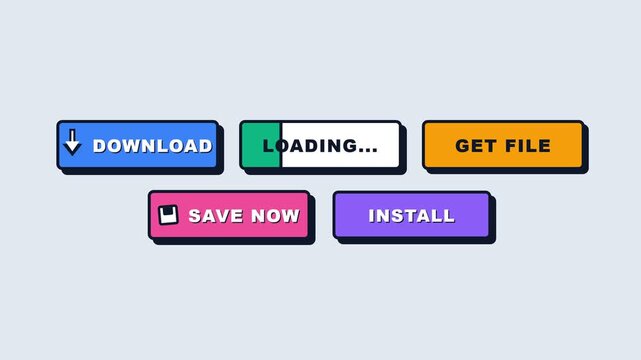 Colorful Retro Computer UI Web Buttons Set with Download Loading Get File Save Now and Install Text for Software Design