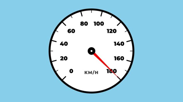 Car speedometer animation showing rapid acceleration and needle hitting maximum velocity limit of 180 km per hour