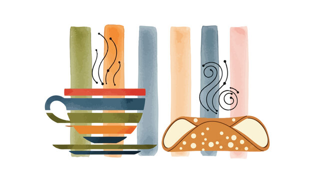 Italian Cannoli and Espresso Coffee Illustration, Watercolor Abstract Cafe Art
