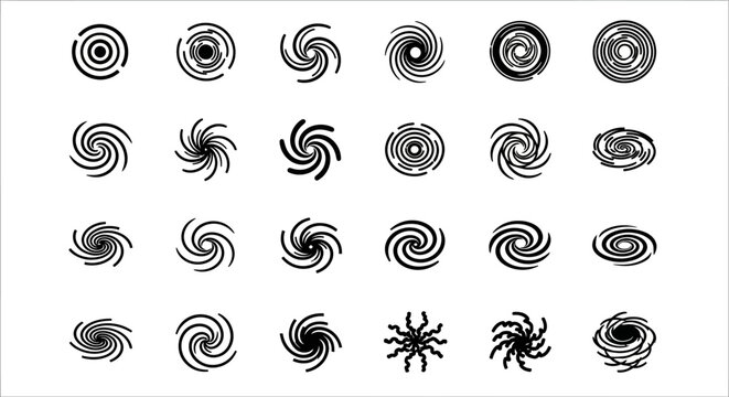 Black swirl, spiral, twirl, and whirl icons, 25 monochrome vector graphics