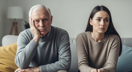 Obraz premium Senior man and young woman sit together on a sofa looking unhappy and distant.
