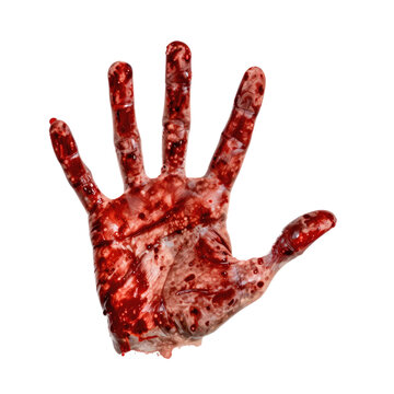 Hand covered in blood is raised in a stopping gesture against a white background