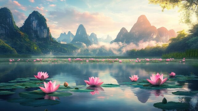 Serene lake scene with pink lotus flowers, misty mountains, and pastel sky