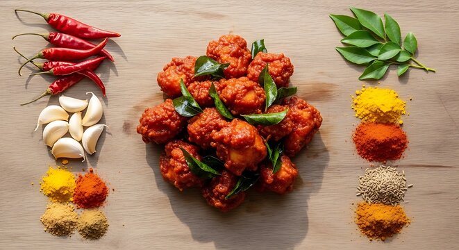 Delicious chicken 65 served with ingredients like red chilies garlic curry leaves and spices on a gray surface. chicken 65