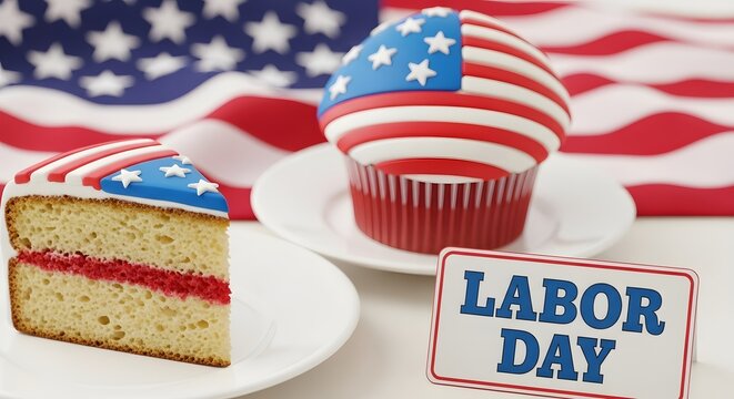 Festive labor day cupcakes and cake with american flag backdrop