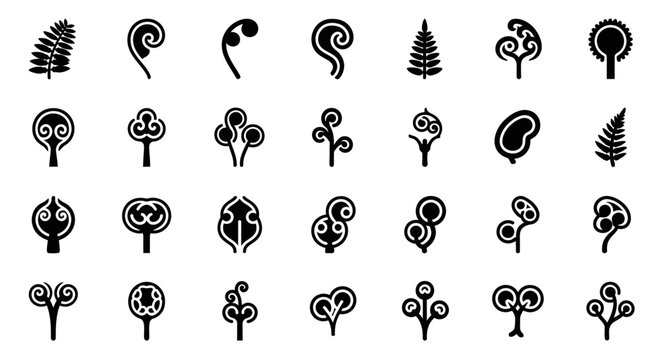 Black, minimalist, swirling leaf icons, 25 elements, vector graphics, symbol set, botanical illustrations, design elements