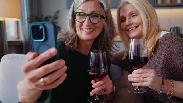 Mature women greet on video call with wine glasses on sofa