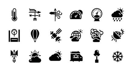 Fototapeta premium Weather icons, climate symbols, forecast signs, 20 black vector graphics